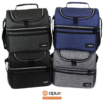 Opux Insulated Dual Compartment Lunch Bag for Men Women | Double Deck Leakproof Soft Lunch Cooler Bag with Shoulder Strap | Large Lunch Box Tote for